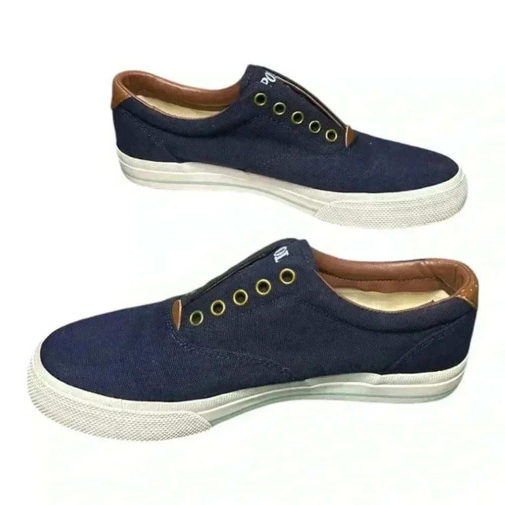 Polo Ralph Lauren Men’s Vito Slip-On Sneakers Size 8D Navy & Brown Canvas - Picture 2 of 6